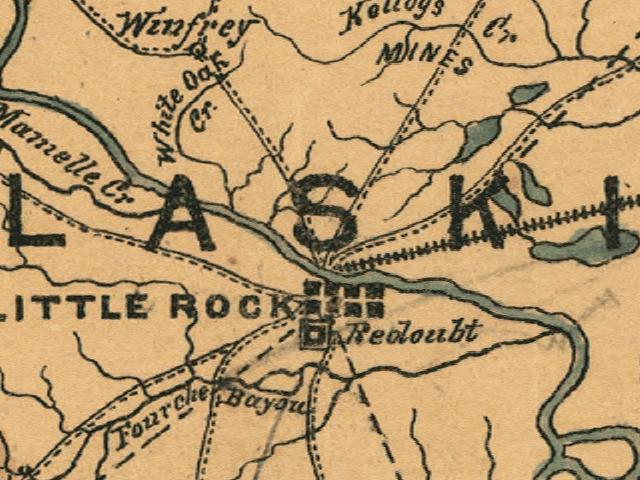 White Oak "creek" northwest of Little Rock on c. 1864 Map of Arkansas & Louisiana by Helmuth Holtz.