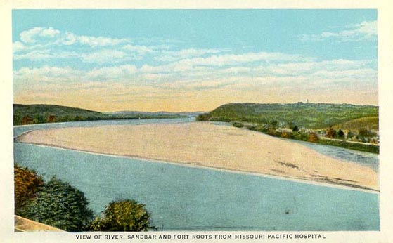 Historic postcard view of sandbar in Arkansas River.